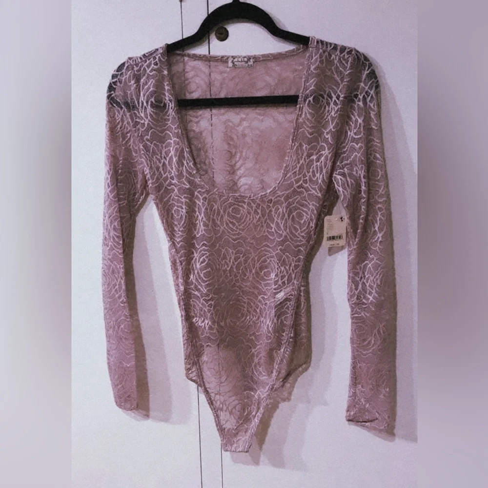 NWT Free People Lace Bodysuit S Sheer Long Sleeve Scoop Neck Floral Gray Lilac